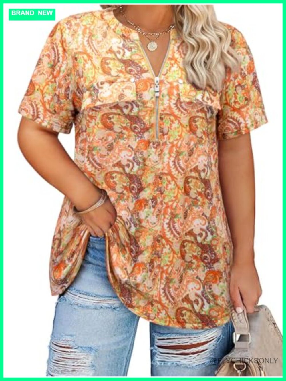 Plus Size Tunic Top Zip V-Neck 3/4 Sleeve Loose Fit Blouse